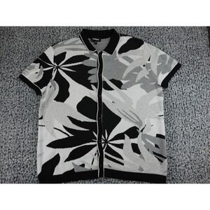 Express Floral Knit Button Up Mens XL Black White Gray Short Sleeve Shirt